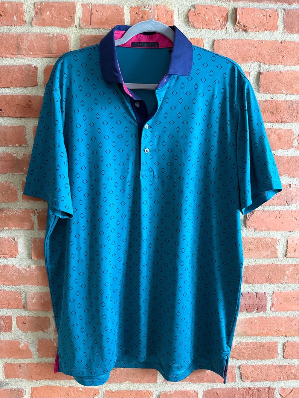 Greyson Teal Polo with Navy Collar and Pink Trim
